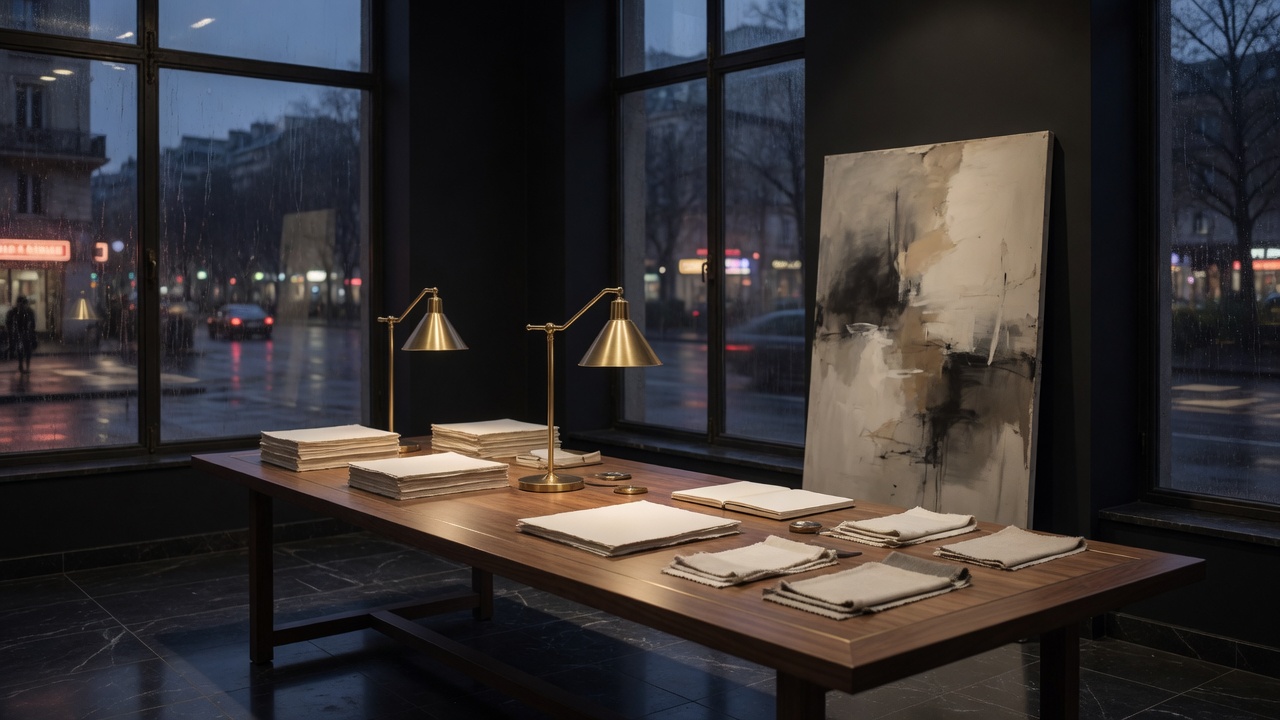 Edenlyra atelier at dusk: walnut table, brass lamps, paper, and a canvas against the wall.