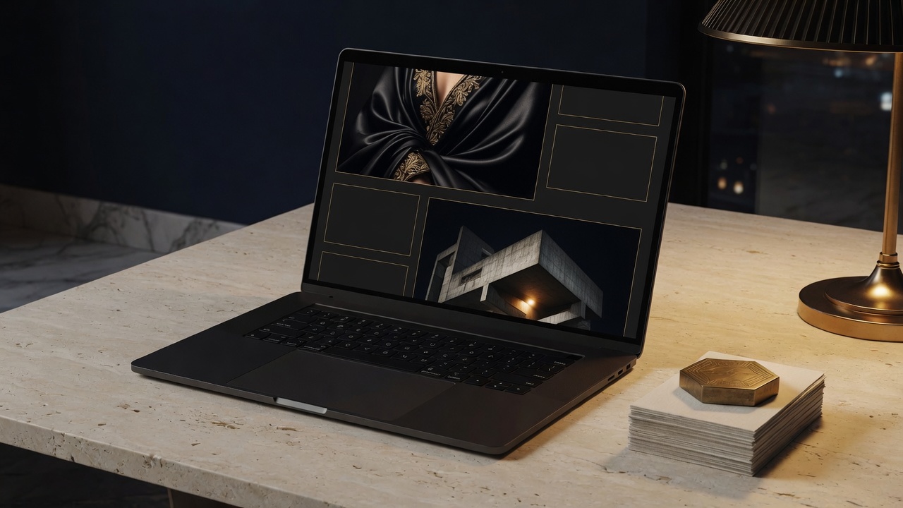 Laptop on a travertine desk showing a dark editorial website.
