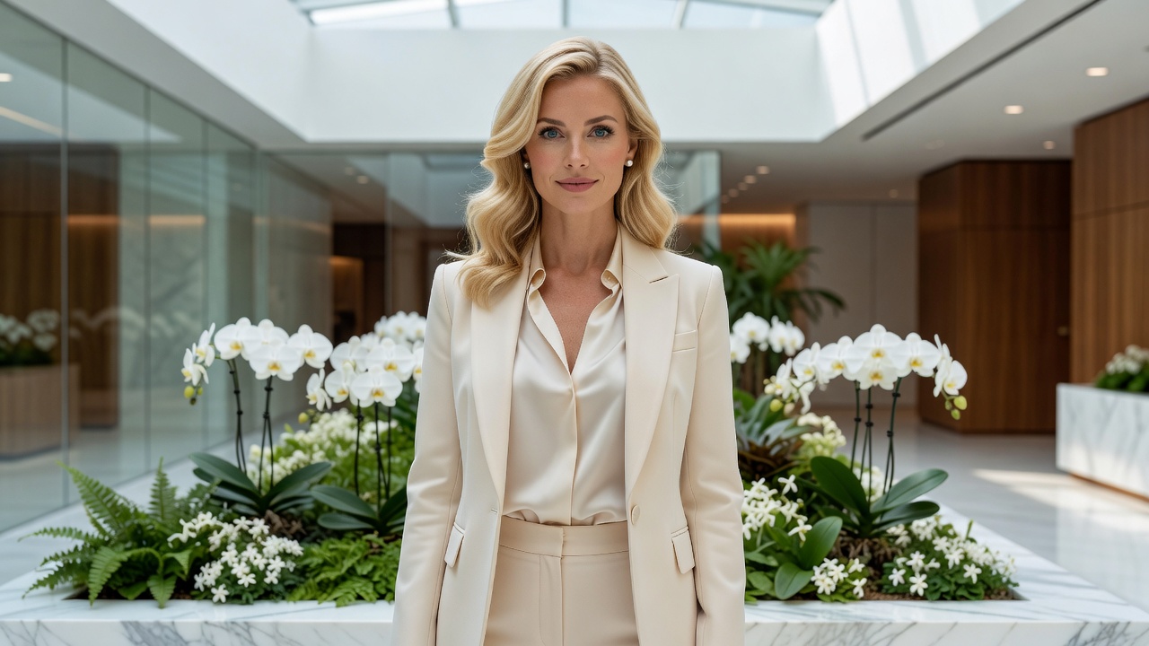 Edenlyra companion, blonde American elegance, champagne ivory suit, biophilic executive atrium